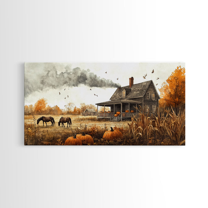 Horses grazing in autumn landscape, fall farmhouse decor, rustic wall art, decor, vintage fall wall print, framed canvas print