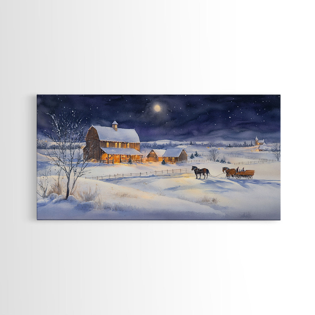 Horse and Barn in Snowy Christmas Scene, Framed Canvas Print, Winter Christmas Decor, Farmhouse Christmas, Rustic Holiday Art, Wall Art