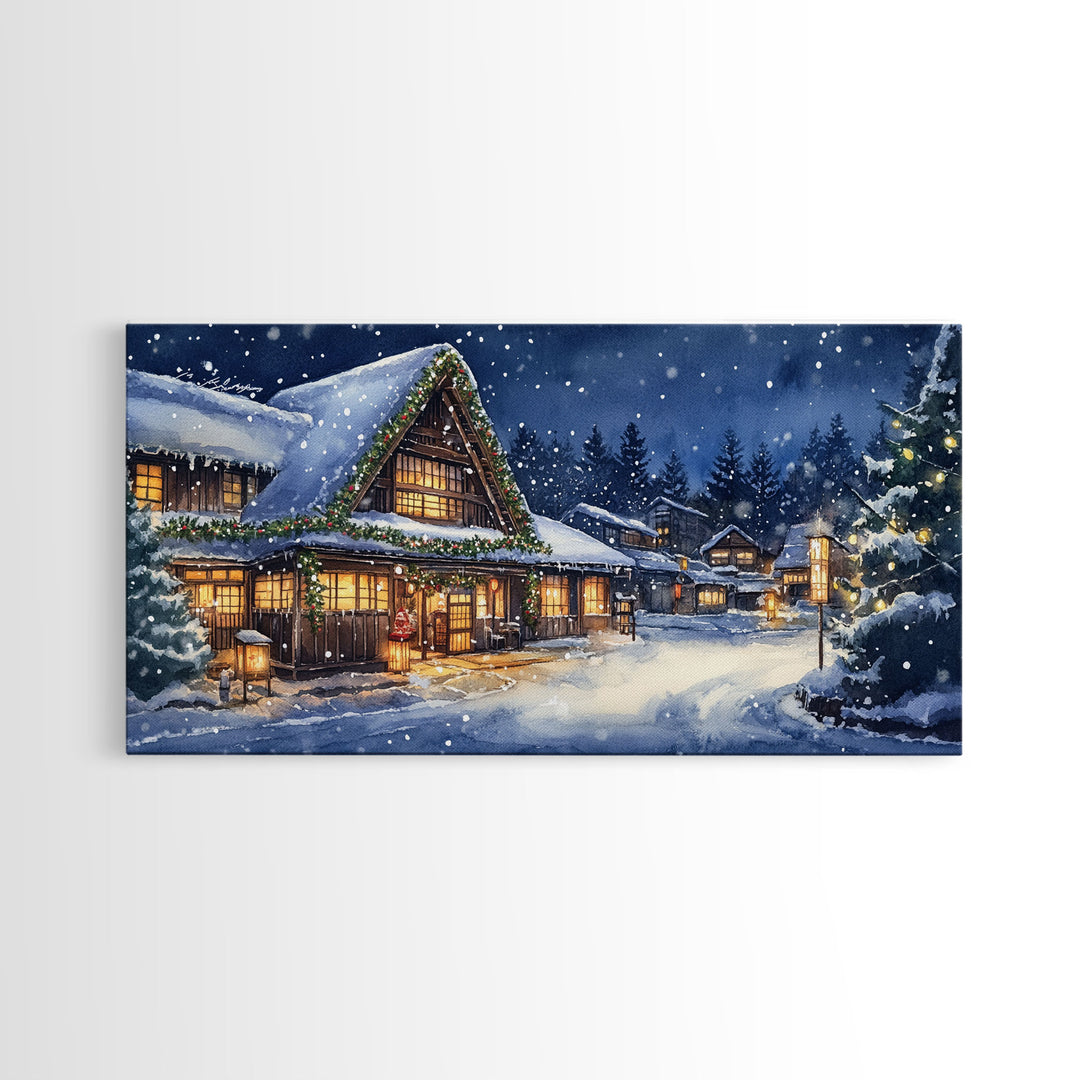 Cozy Snowy Christmas Cabin Scene Canvas Print | Winter Wonderland Christmas Wall Art | Rustic Christmas Decor | 2024 Holiday Art Gift