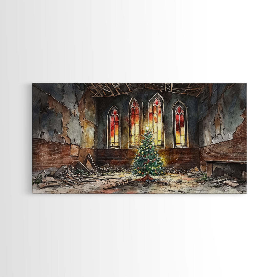 Christmas tree in abandoned church art, framed canvas print, rustic Christmas decor, winter decor, vintage Christmas scene art for home