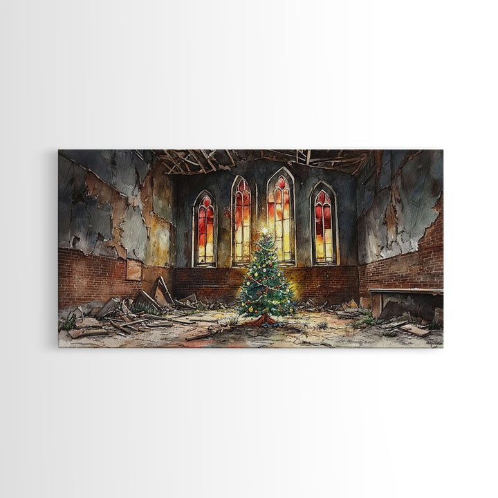 Christmas tree in abandoned church art, framed canvas print, rustic Christmas decor, winter decor, vintage Christmas scene art for home
