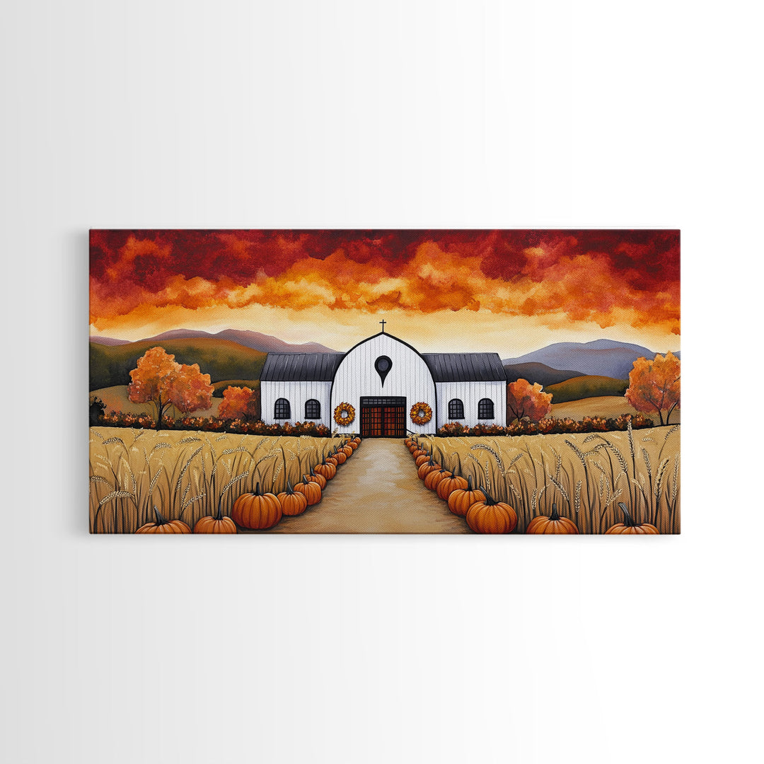 Autumn pumpkin farm with barn, canvas print, fall farmhouse decor, rustic autumn home decor, cozy fall harvest wall art for seasonal display