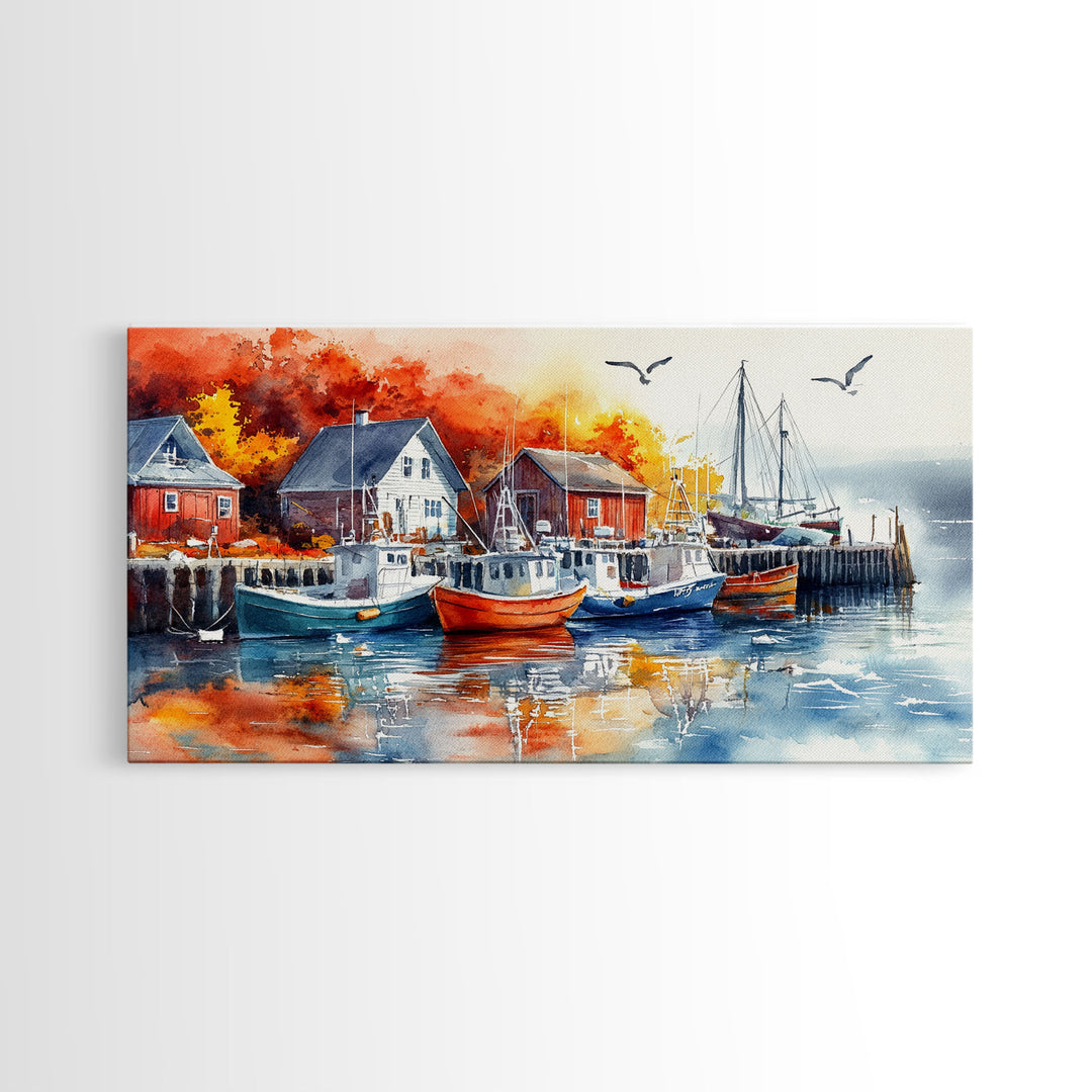 Colorful boats harbor framed canvas print, rustic autumn coastal decor, fall home decor, vintage nautical art gift idea, seasonal wall art
