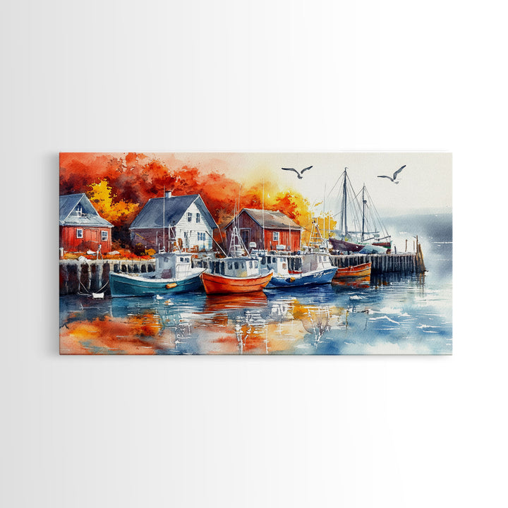 Colorful boats harbor framed canvas print, rustic autumn coastal decor, fall home decor, vintage nautical art gift idea, seasonal wall art