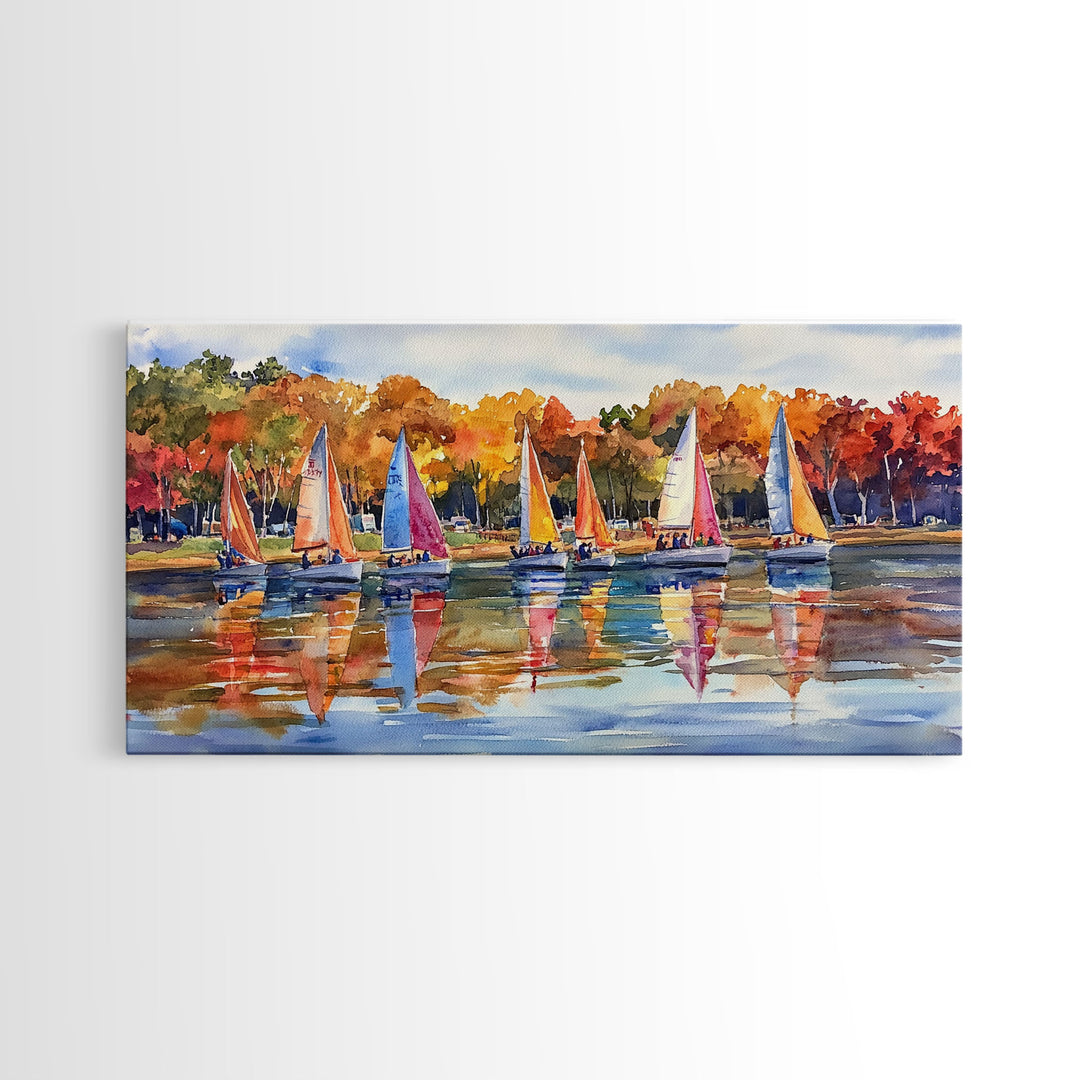 Sailboats on autumn lake, framed canvas print, colorful fall decor, nautical wall art for fall home, rustic autumn wall art, gift idea