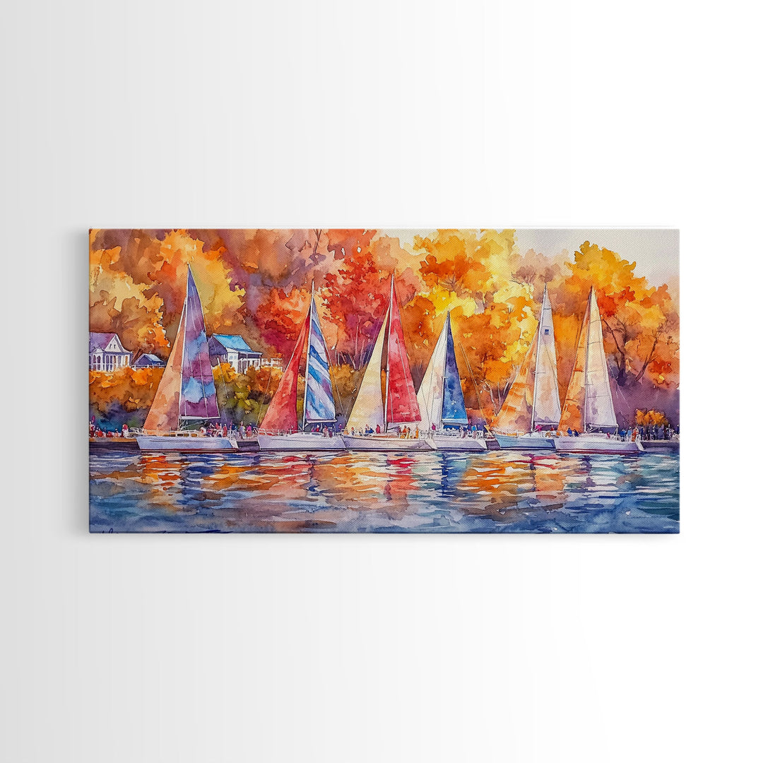 Sailboats in autumn harbor framed canvas print, colorful fall decor, rustic nautical wall art, autumn home decor, fall landscape wall art
