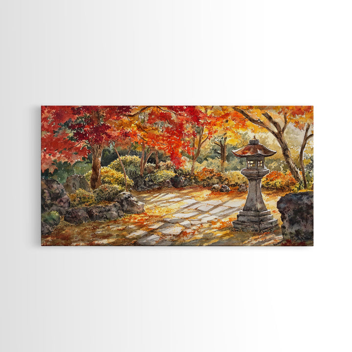 Beautiful Autumn Garden Path with Lantern, Fall Decor, Watercolor Landscape Art, Framed Canvas Print, Wall Art, Farmhouse Decor, Gift Idea