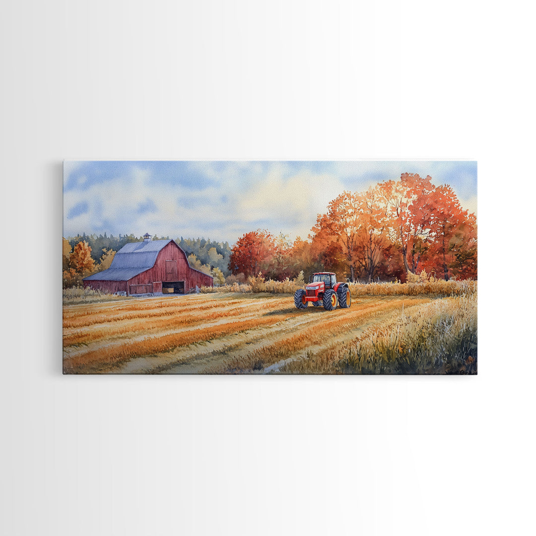 Red Barn in Autumn Landscape, Framed Canvas Print, Farmhouse Fall Decor, Watercolor Wall Art, Above Sofa Art, Wall Decor, Gift Idea 2024