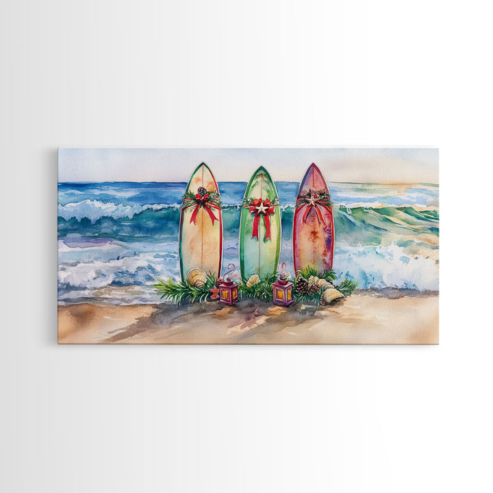 Beach Christmas Decor with Surfboards, Tropical Christmas Art, Framed Canvas Print, Watercolor Wall Art, Coastal Holiday Decor Art Gift Idea