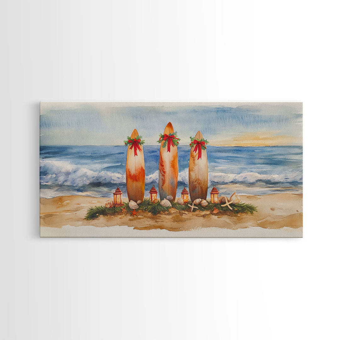 Coastal Christmas Surfboard Scene, Beach Christmas Decor, Framed Canvas Print, Watercolor Wall Art, Tropical Holiday Decor, Best Gift Idea