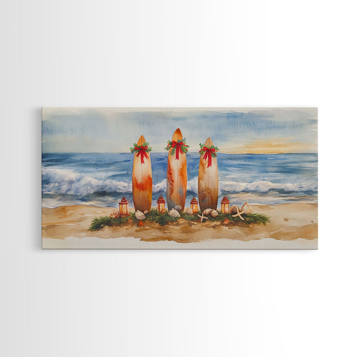 Coastal Christmas Surfboard Scene, Beach Christmas Decor, Framed Canvas Print, Watercolor Wall Art, Tropical Holiday Decor, Best Gift Idea