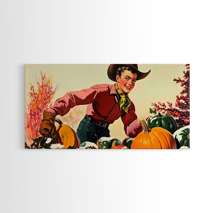 Autumn Cowboy with Pumpkins Framed Canvas Print, Vintage Fall Decor, Gift Idea, Farmhouse Wall Art, Rustic Pumpkin Patch, Holiday Home Decor