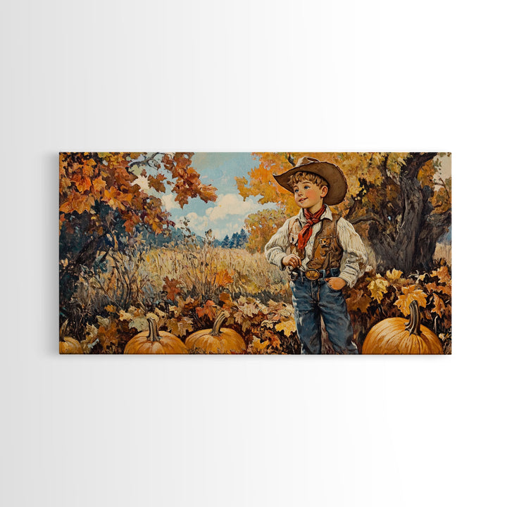 Vintage Fall Cowboy Framed Canvas Print, Retro Autumn Wall Art, Farmhouse Pumpkin Patch, Gift Idea, Harvest Home Decor, Rustic Art Piece