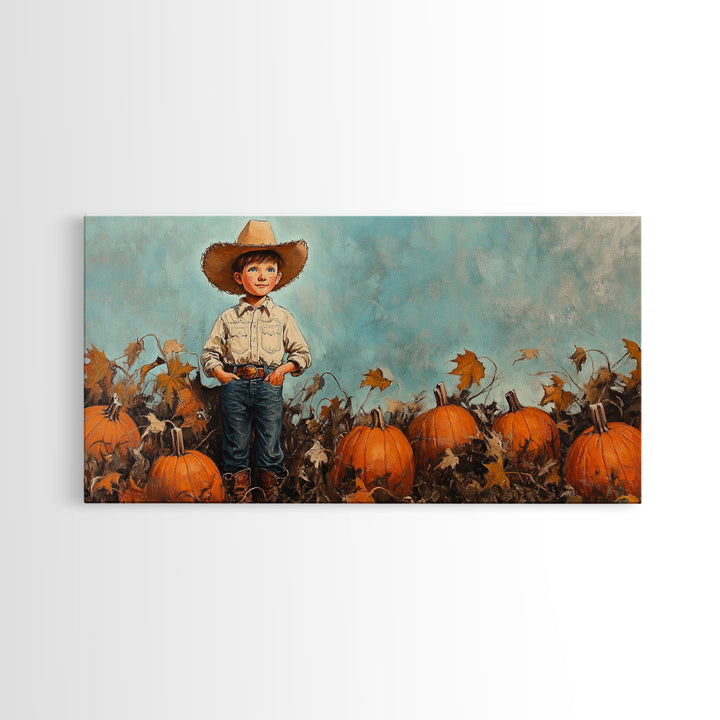 Cowboy Boy with Pumpkins Framed Canvas Print, Fall Wall Art, Rustic Farmhouse Decor, Vintage Harvest Print, Gift Idea, Holiday Home Decor