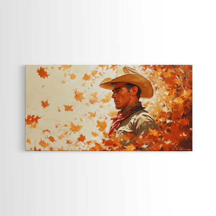 Cowboy and Fall Leaves, Framed Canvas Print Seasonal Wall Art Christmas Cowboy Gift Winter Landscape Wall Decor