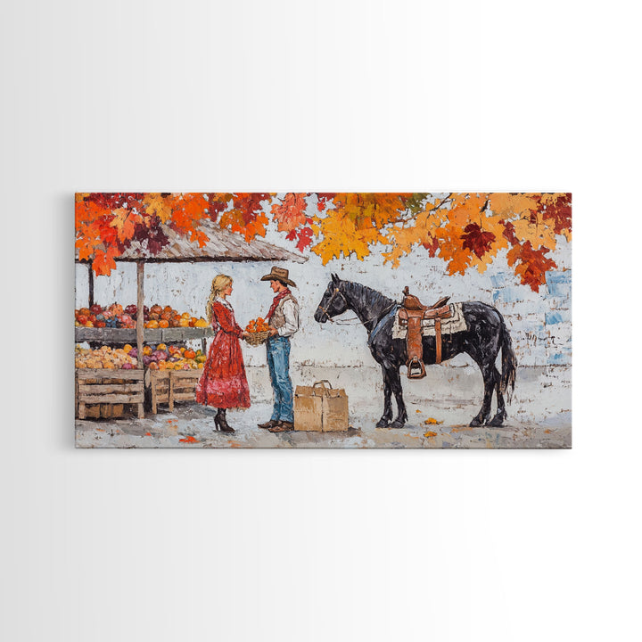 Cute Cowboy & Cowgirl Meet At The Market, Autumn Landscape Fall Colors Horse Rider Wall Art Rustic Fall Wall Decor, Framed Canvas Print