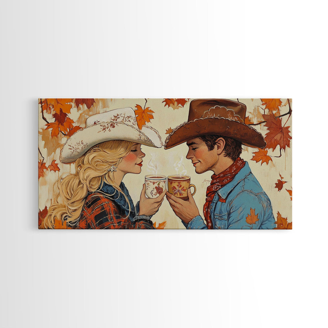Cowgirl & Cowboy Enjoy Some Hot Chocolate, Art For Couples, Framed Canvas Print, Rustic Farmhouse Home Decor, Wall Art Rustic Decor