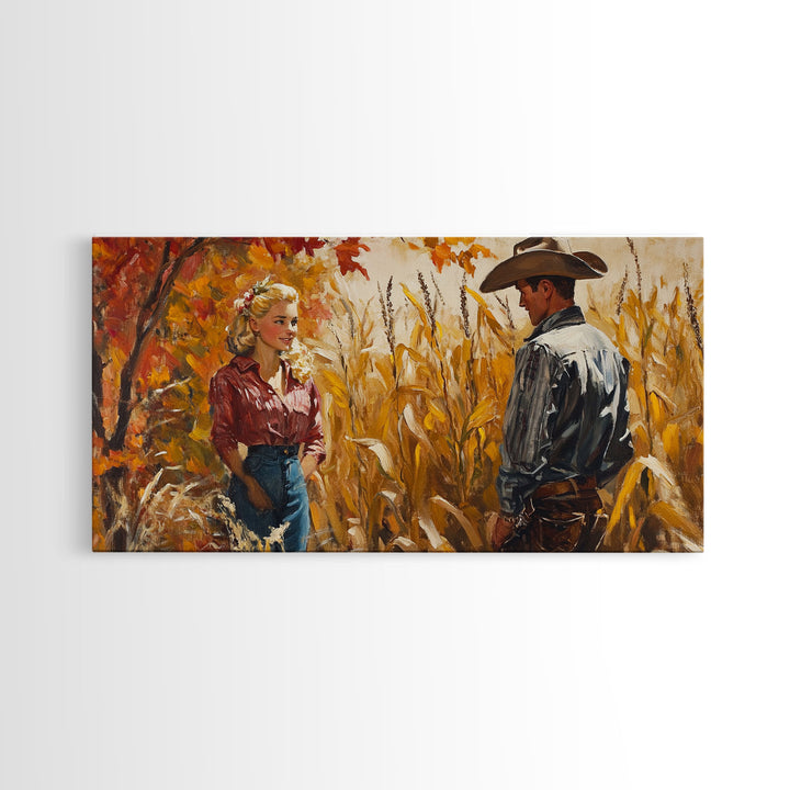 Cowboy & Cowgirl In Love, Framed Canvas Print, Vintage Holiday Winter Wall Art Western Christmas Decor