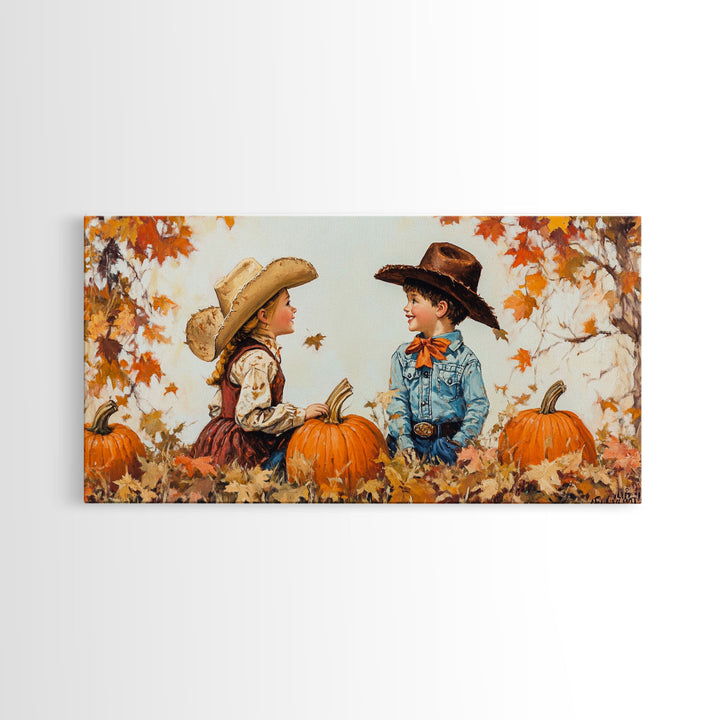 Cute Cowboy and Cowgirl In a Pumpkin Patch, Framed Canvas Print, 1950s Style Wall Art, Nursery Decor