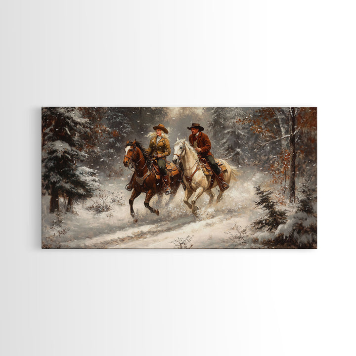 Riders In The Snow, Framed Canvas Print, Rustic Wall Decor, Primitive Art, wall art, warm fall colors, western decor, rustic farmhouse