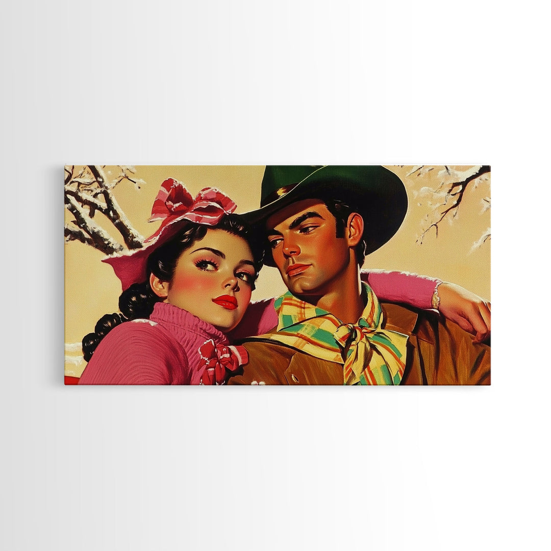 Retro 50s Style Cowboy and Cowgirl In Love, Gift For Couples, Framed Canvas Print, vintage wall art, rustic decor, classic western print