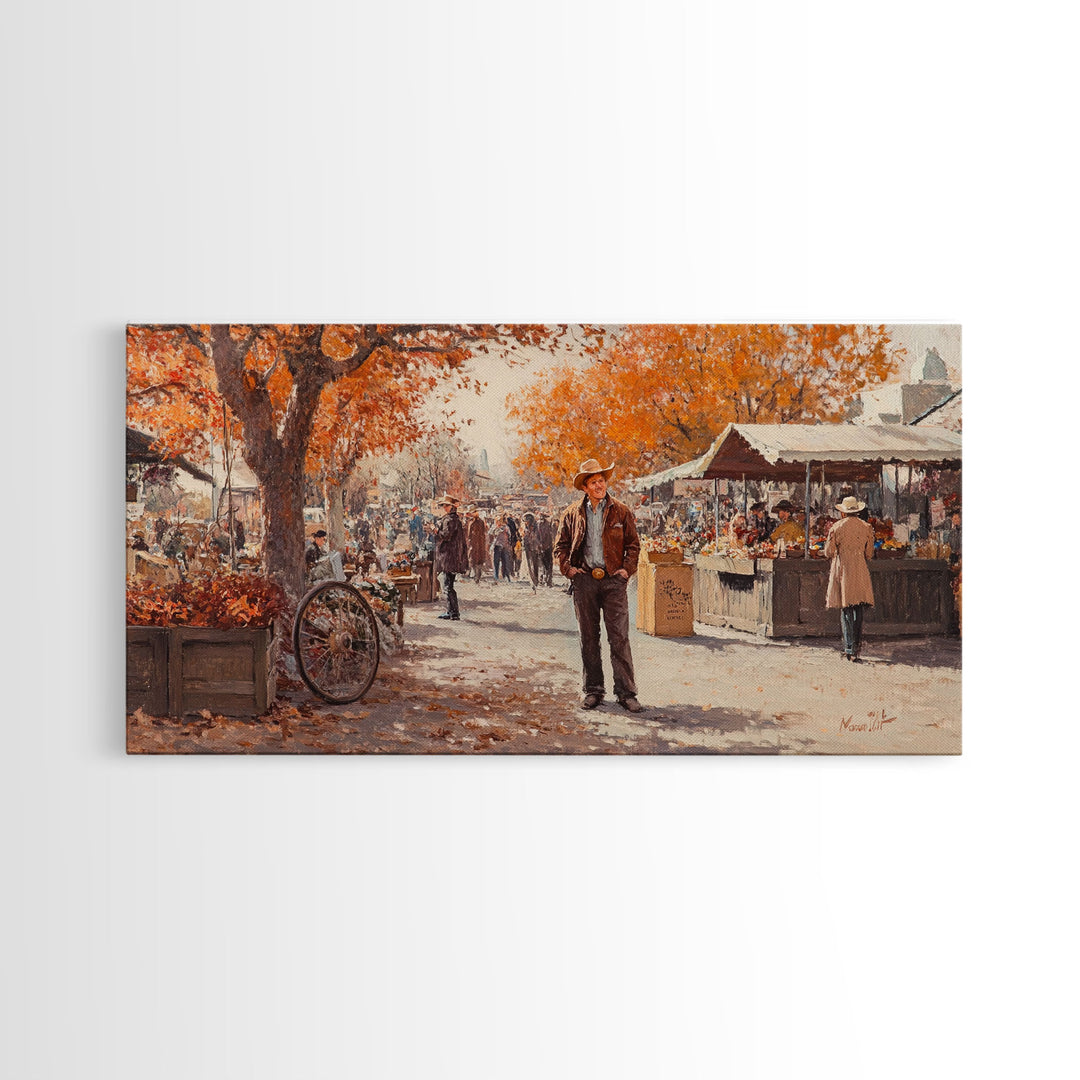 Cowboy in green jacket, snow-capped mountains trees, Framed Canvas Print, tall western Christmas wall art, winter decor, colorful landscape