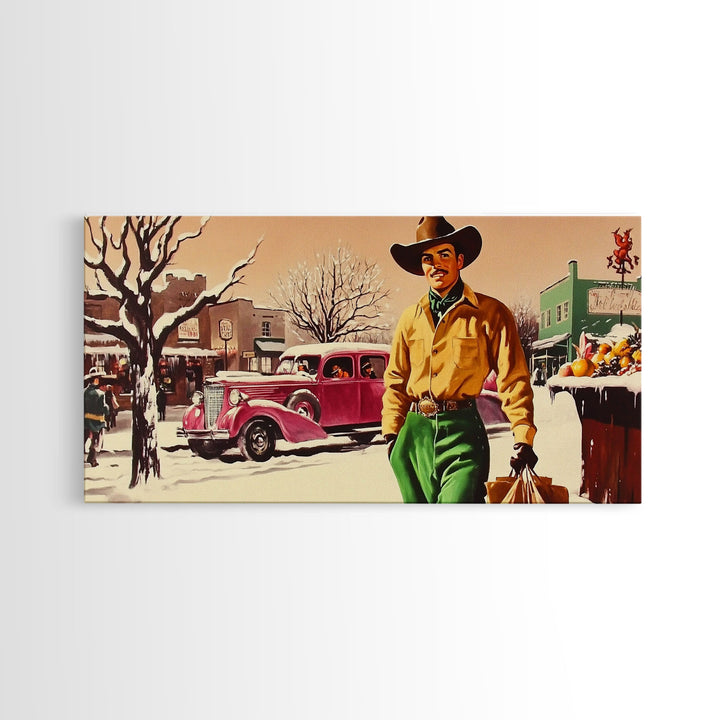 Retro 1950's Style Cowboy, Framed Canvas Print, Pastel Colors, Vintage Inspired Home Decor For Christmas
