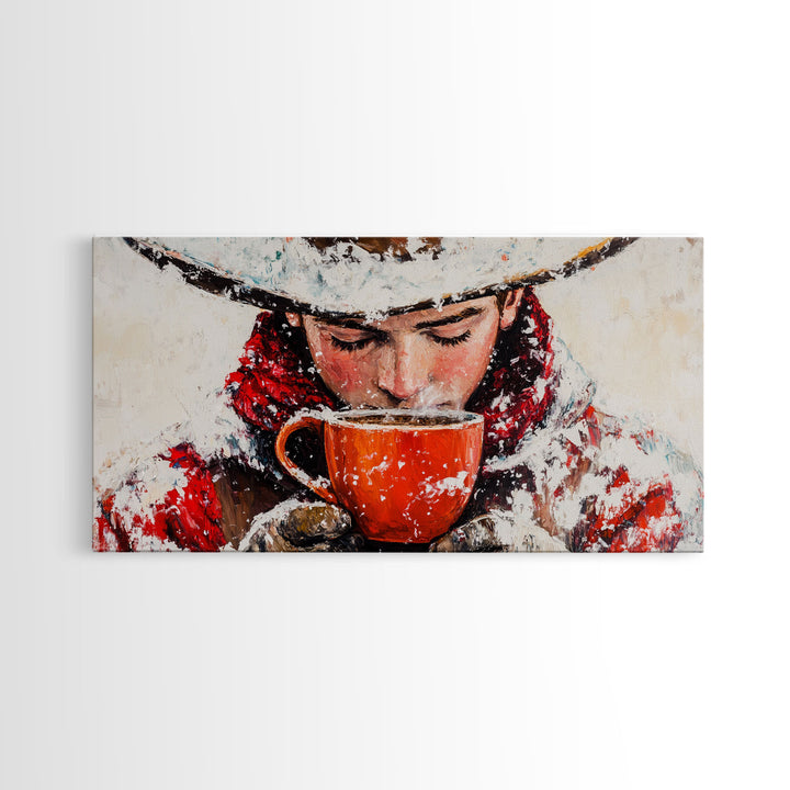 Cowboy in forest with burning fire, deep autumn hues, Framed Canvas Print, moody landscape, fall western art, rustic wall piece, wall decor