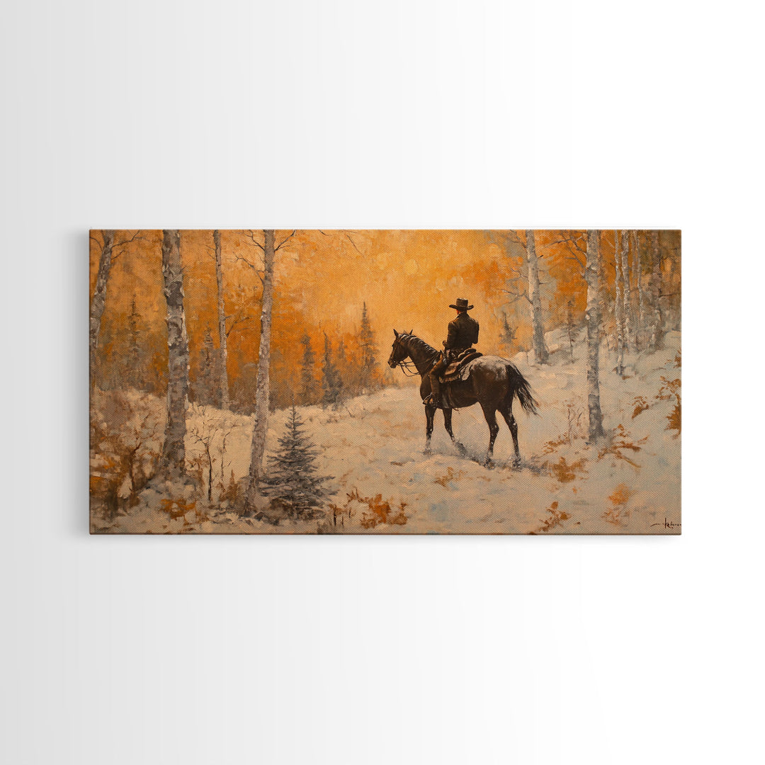 Cowboy riding horse through deep snow in a winter storm, Framed Canvas Print, dynamic winter wall art, rustic western home decor