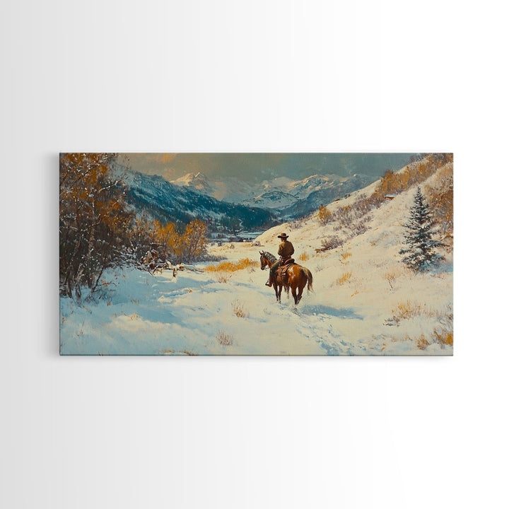 Cowgirl with yellow scarf in fall forest, Framed Canvas Print, tall dramatic black white wall art with a pop of color, moody autumn decor