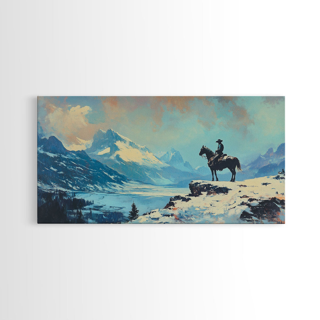 Smiling cowgirl in snow with autumn trees, Framed Canvas Print, rustic wall art winter autumn, tall art piece farmhouse country decor