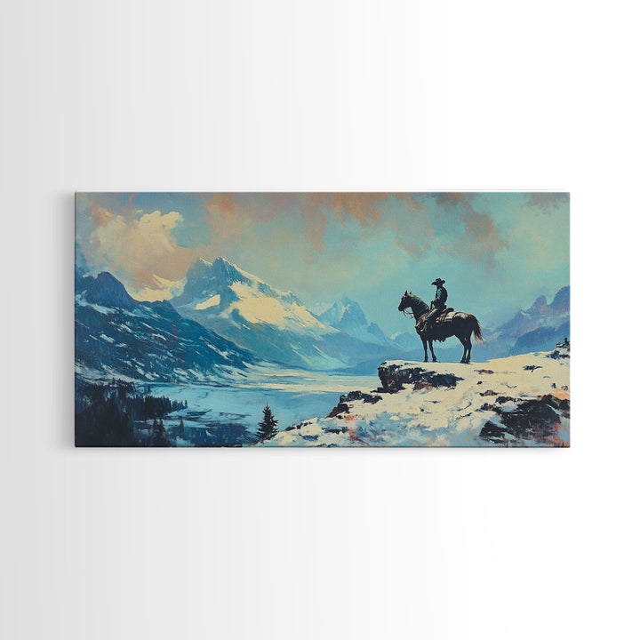 Smiling cowgirl in snow with autumn trees, Framed Canvas Print, rustic wall art winter autumn, tall art piece farmhouse country decor