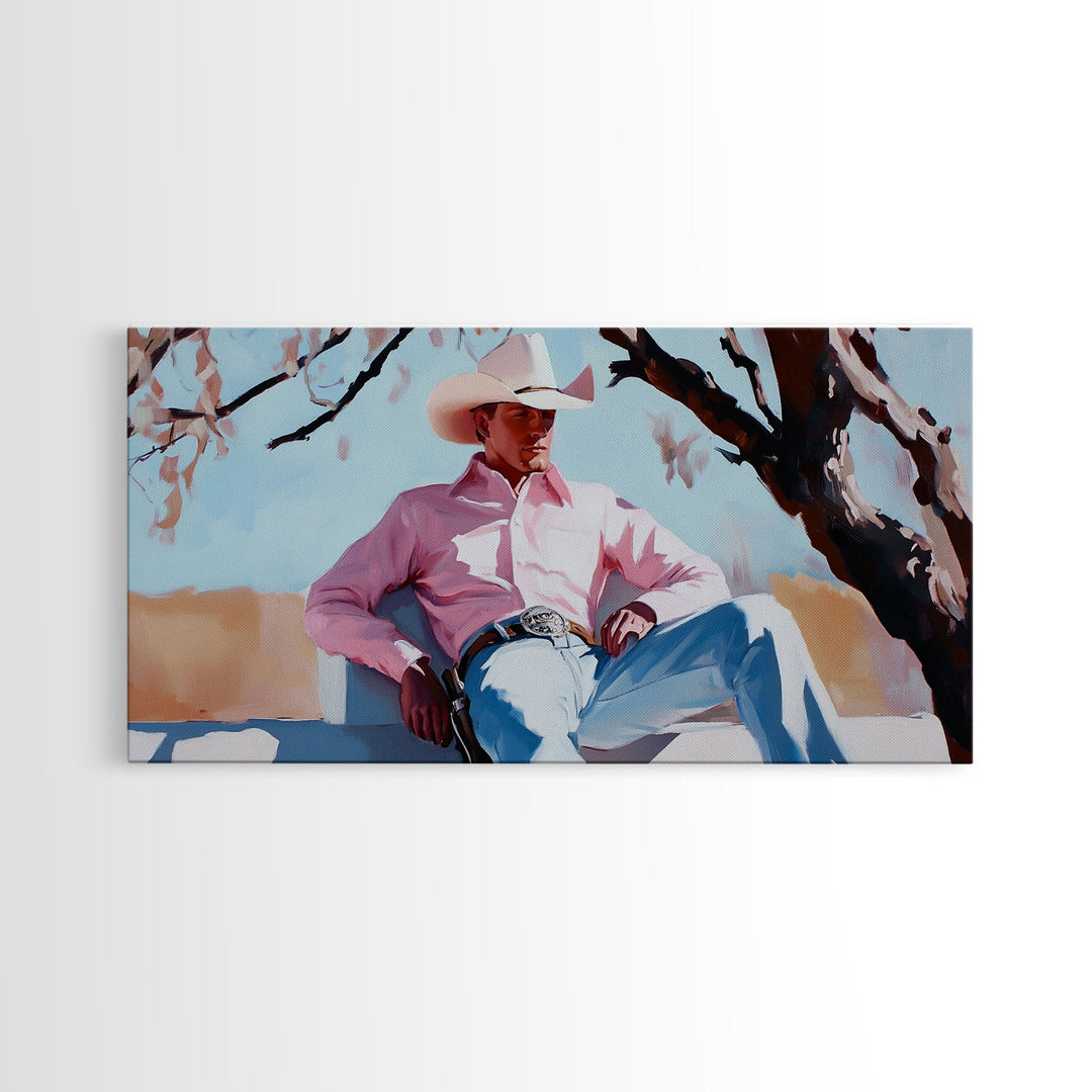 Autumn-themed portrait Framed Canvas Print of a woman in a cowboy hat holding a cup of coffee, surrounded by fall leaves, cozy fall decor