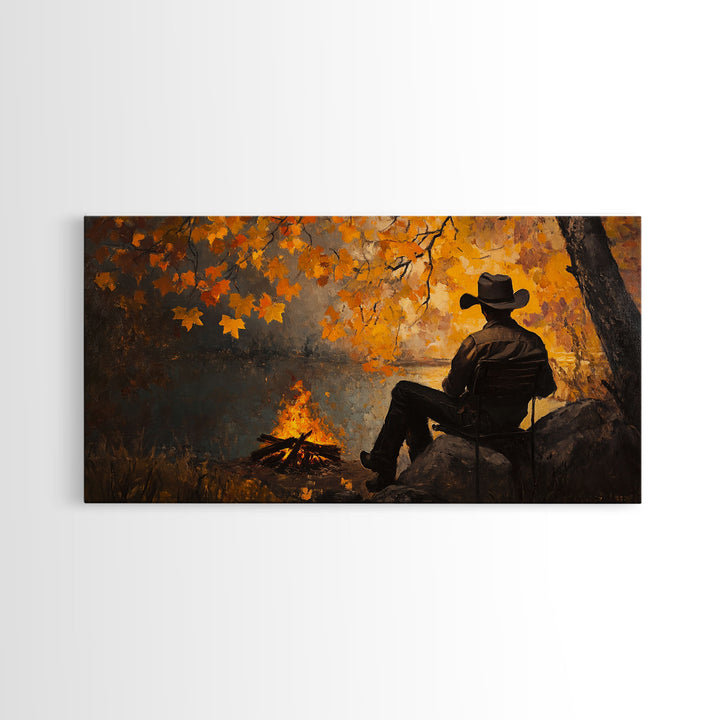 Cozy autumnal Framed Canvas Print featuring a woman with a mug, surrounded by vibrant fall leaves, perfect seasonal wall art for cozy spaces