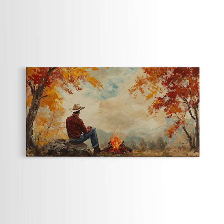 Cheerful Framed Canvas Print of a woman in a cowboy hat enjoying a coffee by fall colors, perfect vintage autumn wall art decor