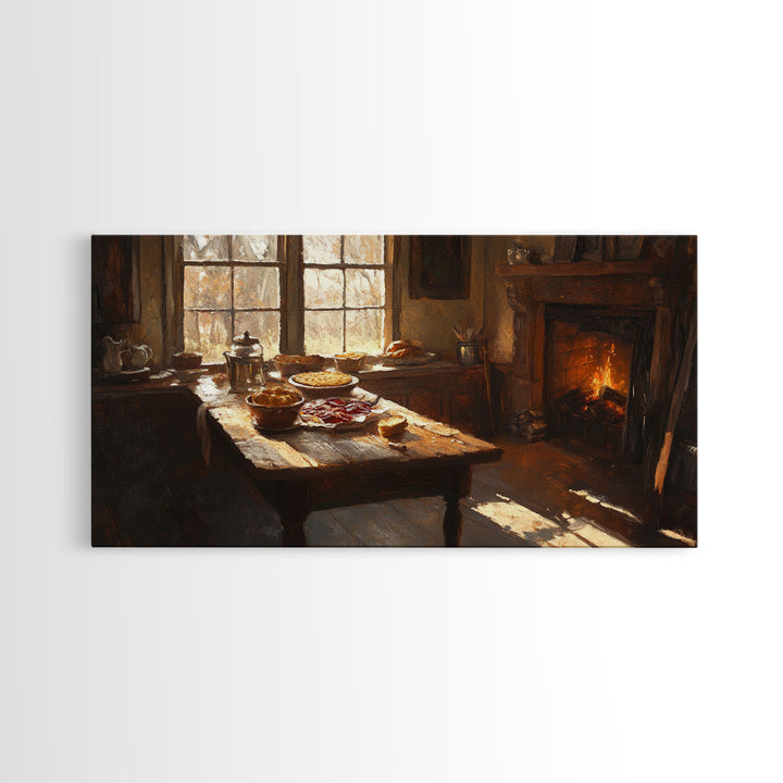 Cozy Kitchen Framed Canvas Print Autumn Fireplace Rustic Home Decor Seasonal Fall Art Large Wall Art Gift for Thanksgiving Decor
