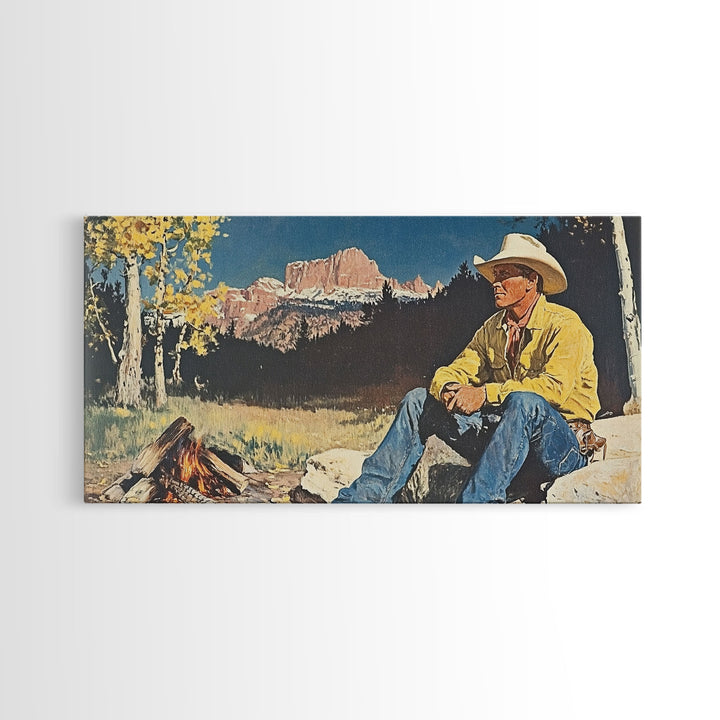 Bold monochromatic Framed Canvas Print showcasing a woman in a cowboy hat with horses in a snowy mountain landscape, rustic winter wall art