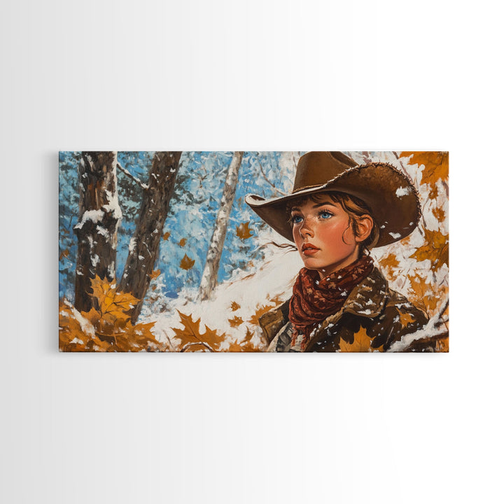 Western-inspired Framed Canvas Print of a woman on horseback in a snowy mountain landscape, holiday wall art and winter wonderland vibes