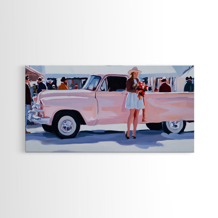 Cute Cowgirl and Her Pink Truck, Framed Canvas Print, Retro Pink Fall Decor, Wall Art Fall Home Decor, Ideal Gift Idea Rustic Seasonal Decor
