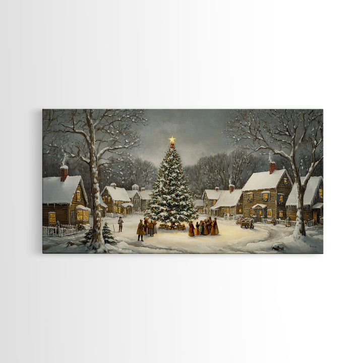 Large Christmas Tree In Snowy Village With Families, Winter Wonderland Holiday Wall Art, Framed Canvas Print, Rustic Christmas Decor