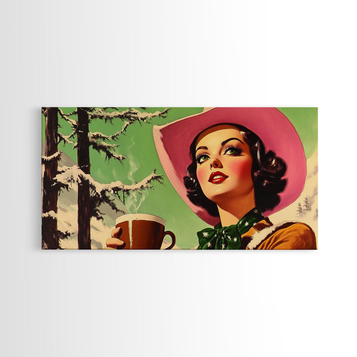 Retro Cowgirl Having A Cup Of Coffee, Framed Canvas Print, 1950s Style Wall Art, Vintage Art, Winter Decor, Watercolor Christmas Art