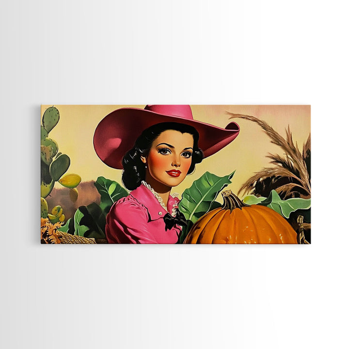 Retro Cowgirl In A Pumpkin Patch, Framed Canvas Print, Fall and Autumn Rustic Decor, perfect autumn or Christmas decor wall art