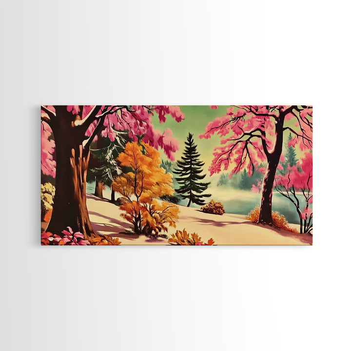 Colorful Path with Pink and Orange Trees Framed Canvas Print, Ideal Autumn Wall Art, Perfect Seasonal Decor Gift for Nature Lovers