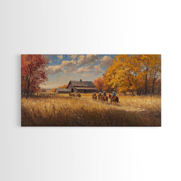 Horseback Riders In Autumn Near Barn, Rustic Fall Wall Art, Cozy Farmhouse Decor Framed Canvas Print, Harvest Time Country Art