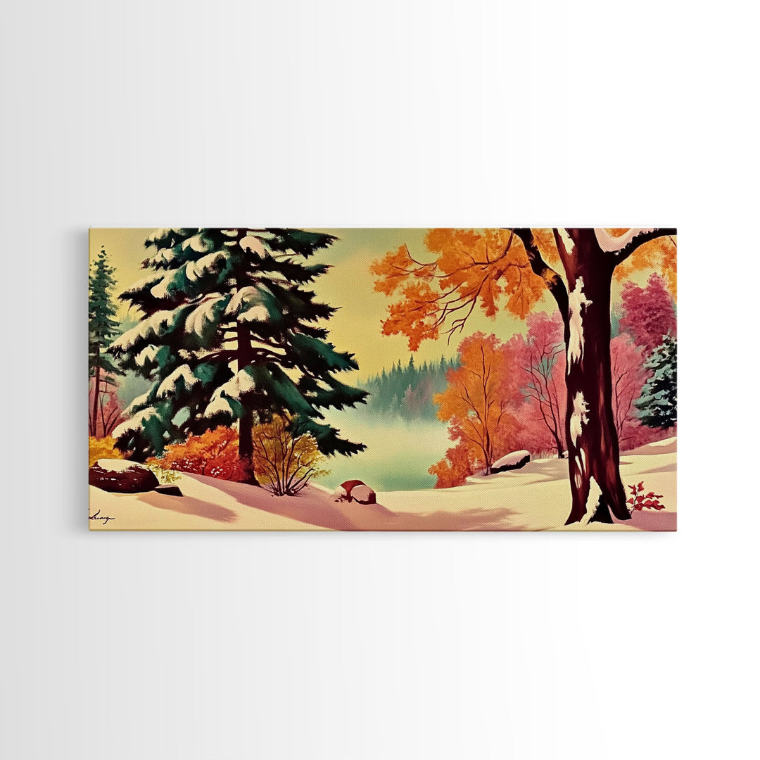 Retro 1950s Style Winter Landscape Painting, Framed Canvas Print, Perfect Holiday Wall Art for Vintage Christmas Decor and Festive Interiors