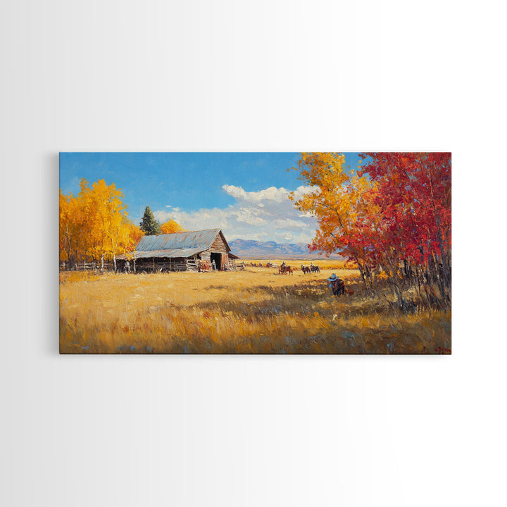 Group Of Horseback Riders In Autumn Field, Rustic Fall Scene Wall Art, Country Farmhouse Framed Canvas Print, Cozy Harvest Time Art