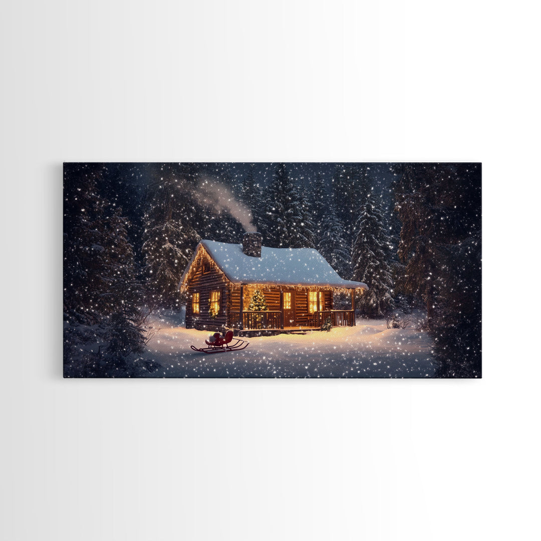 Cozy Cabin in Snow Framed Canvas Print, Winter Wonderland Scene Art, Rustic Christmas Decor, Holiday Wall Art, Seasonal Gift Idea