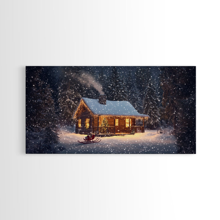 Cozy Cabin in Snow Framed Canvas Print, Winter Wonderland Scene Art, Rustic Christmas Decor, Holiday Wall Art, Seasonal Gift Idea