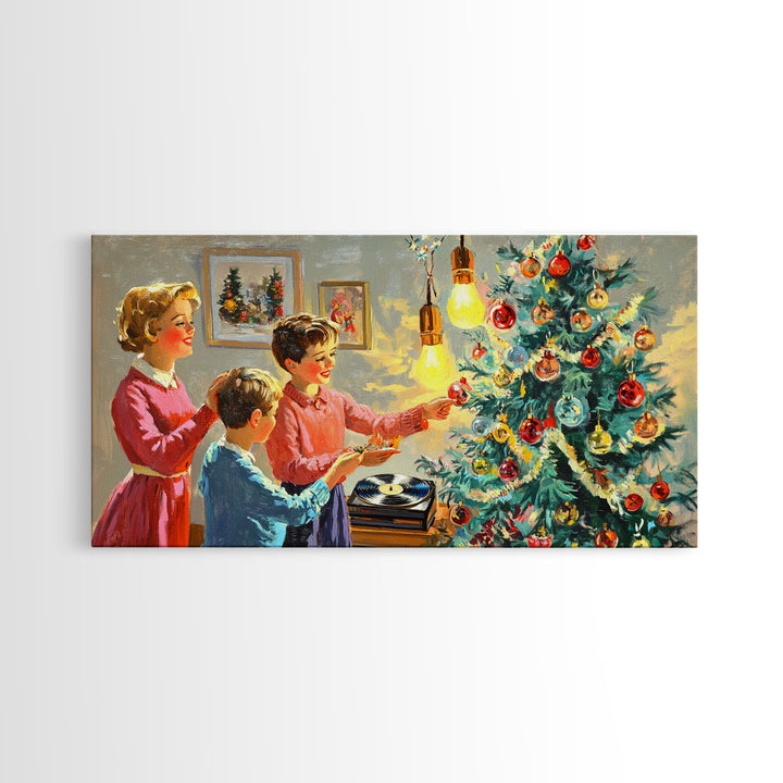 Family Christmas Decorating Framed Canvas Print, Retro Holiday Scene Art, Vintage Christmas Home Decor, Christmas Art Prints, Wall Art