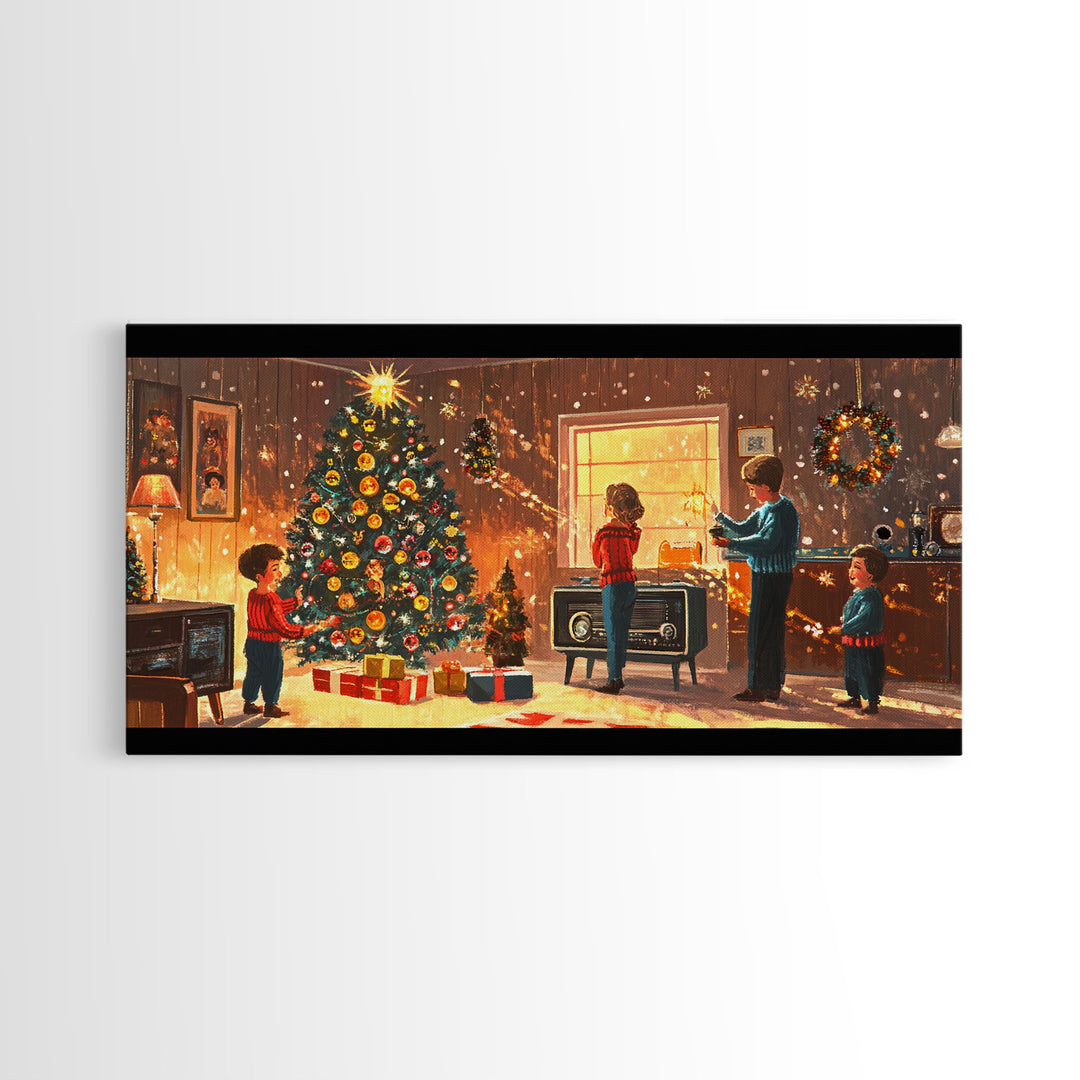 Cozy Christmas Evening Framed Canvas Print, Vintage Christmas Scene Art, Retro Holiday Home Decor, Christmas Tree Wall Art, Christmas Gift
